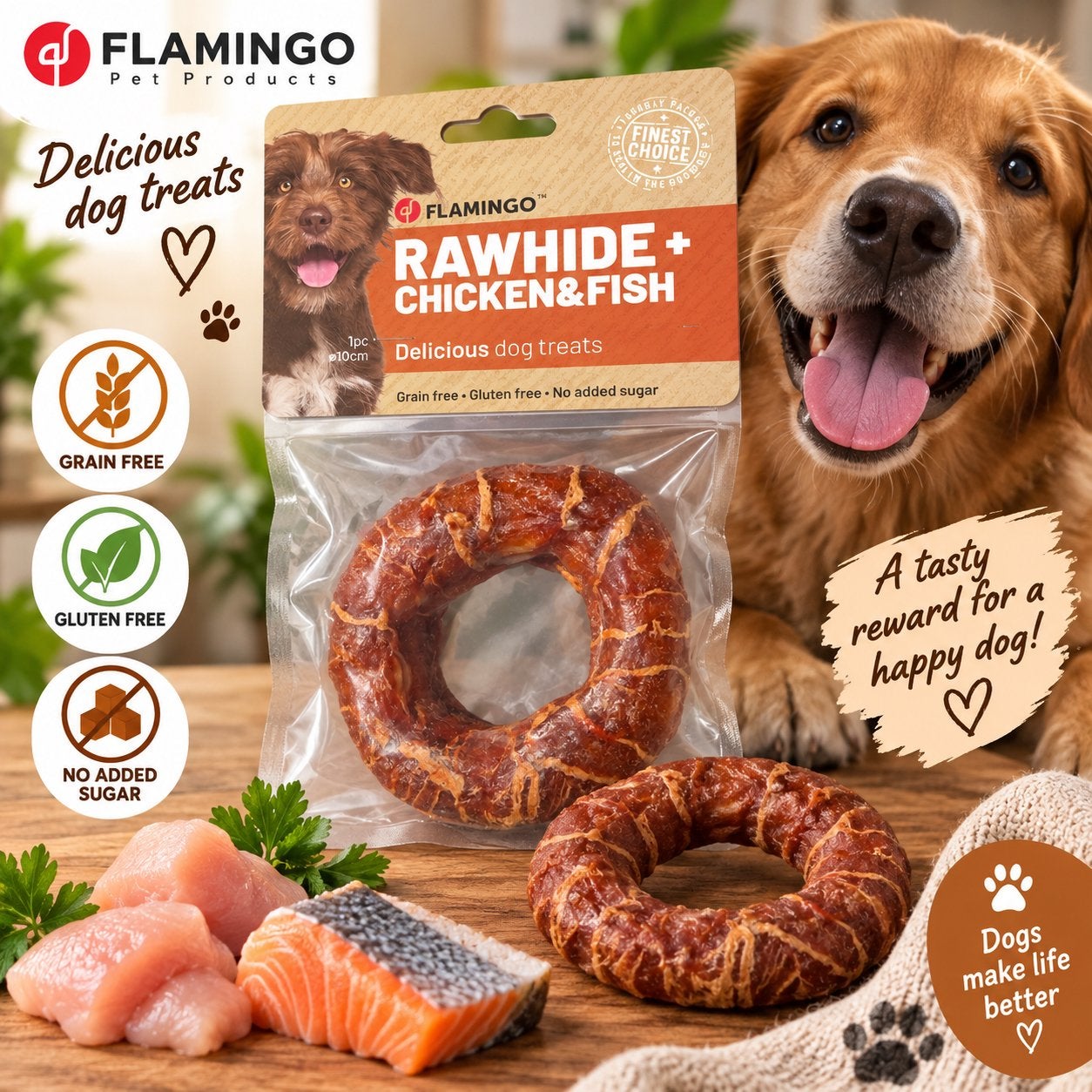 Flamingo Rawhide+ Kip & Vis – Kauwring 7 cm, Ophalen of Verzenden, Hond