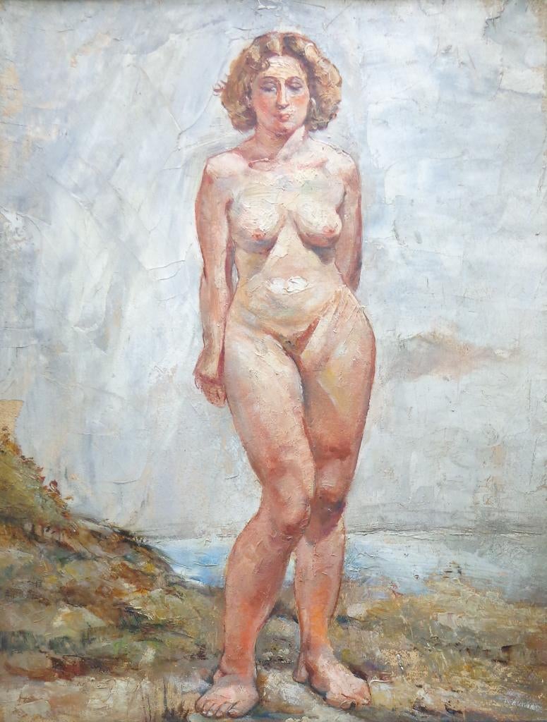 ONBEKEND / STAANDE NAAKTE VROUW / OLIEVERF / 58x46cm / KADER, Antiquités & Art, Art | Peinture | Moderne, Enlèvement ou Envoi