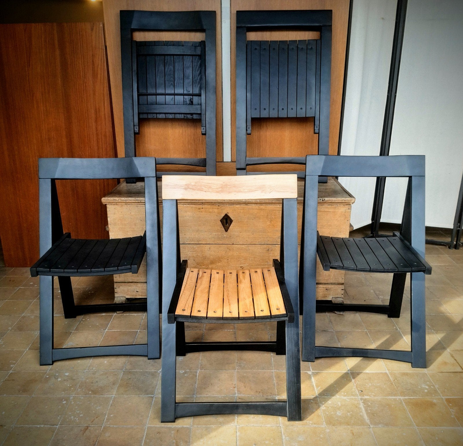 5 Originele "Trieste" Klapstoelen door Aldo Jacober, Huis en Inrichting, Stoelen, Zo goed als nieuw, Vijf, Zes of meer stoelen