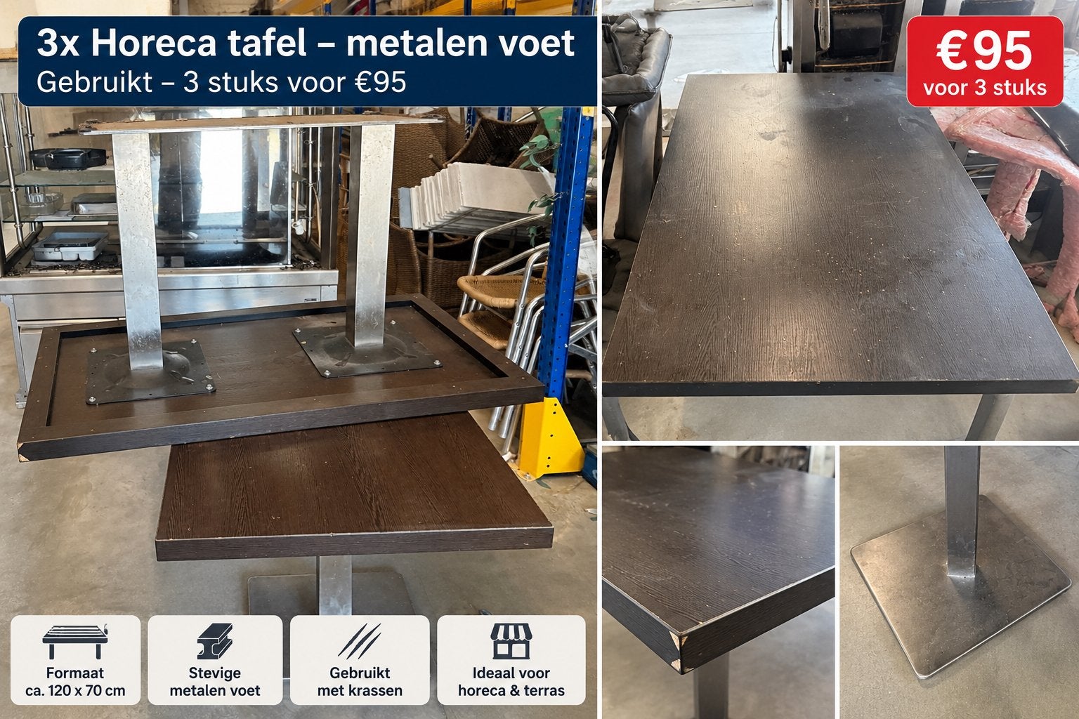 3x Horeca tafels met metalen voet – €95 voor alle 3, Ophalen