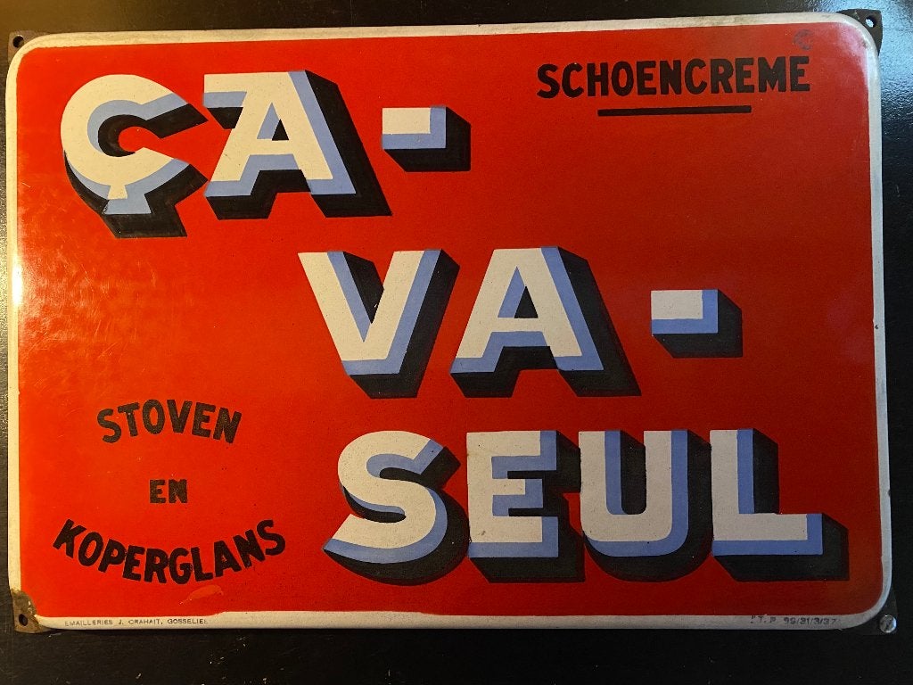 Plaque émaillée CA-va-Seul 1937, Collections, Enlèvement ou Envoi, Comme neuf, Panneau publicitaire