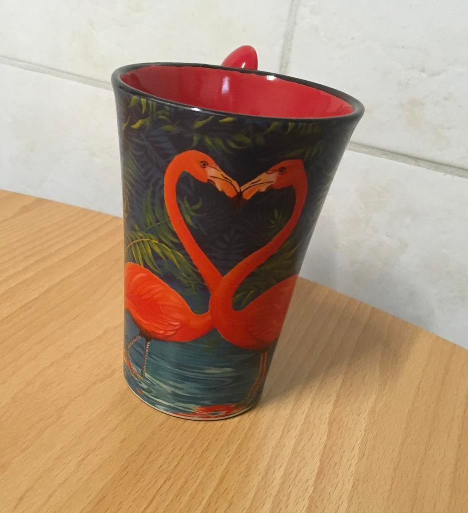 Tas met bijpassende lepel. ‘Flamingo’s’, Ophalen, Nieuw, Kop(pen) en/of Schotel(s)