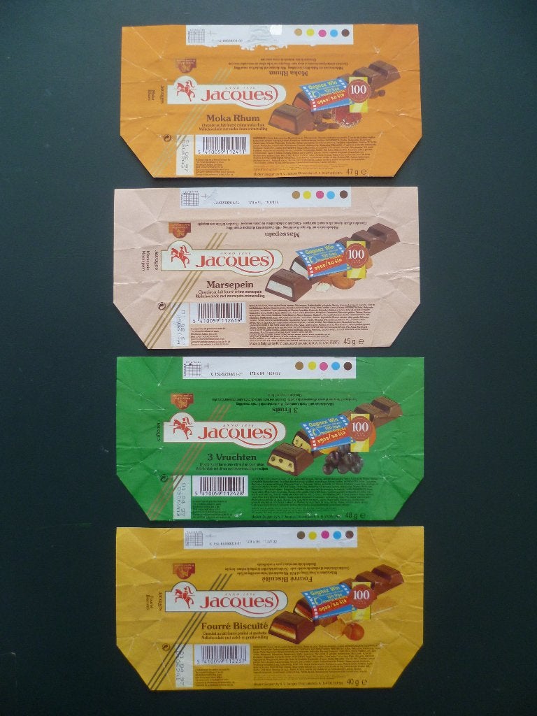 chocolade Jacques chocolat omslagen wikkels emballage x4 Win, Verzamelen, Ophalen of Verzenden, Gebruikt, Verpakking