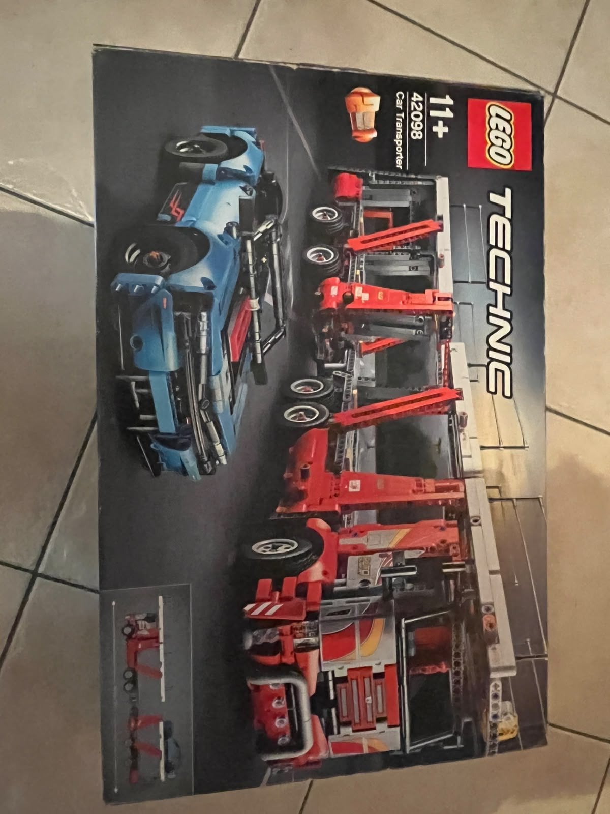 Lego camion oplegger met blauwe auto , bulldozer, Ophalen, Gebruikt, Lego