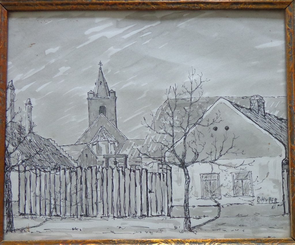 ERNST HUBER / DORPSZICHT / ORIGINEEL WERK / 35x41cm / KADER, Antiek en Kunst, Achter glas, Papier/karton, Ophalen of Verzenden