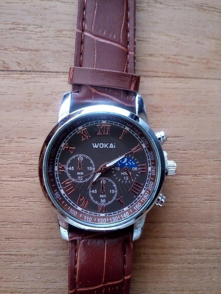 Montre homme quartz classique WOKAi–Bracelet marron (Neuf), Autres marques, Enlèvement ou Envoi, Acier, Synthétique