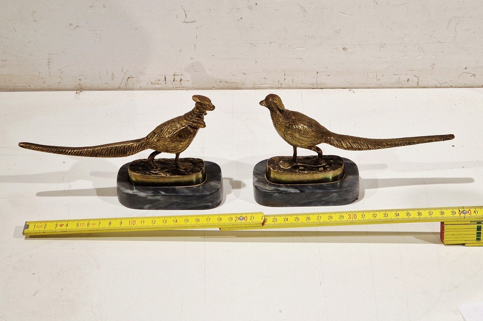 Koppel Art Deco Beeld Fazant Brons op Marmer voet , jaren 20, Enlèvement ou Envoi, Bronze