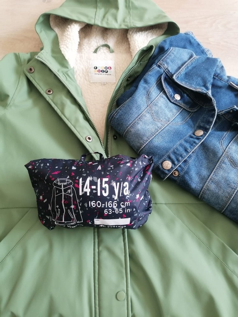 Winterjas (fish and chips) + jeans- en regenjas ca.10j-15j, Kinderen en Baby's, Ophalen, Fish&chips (JBC), Meisje, Jas