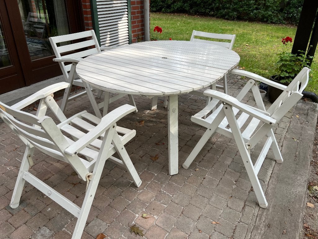Table de jardin en bois + 6 chaises + centre blanc insérable, Jardin & Terrasse, Enlèvement, Utilisé, Ovale, Bois