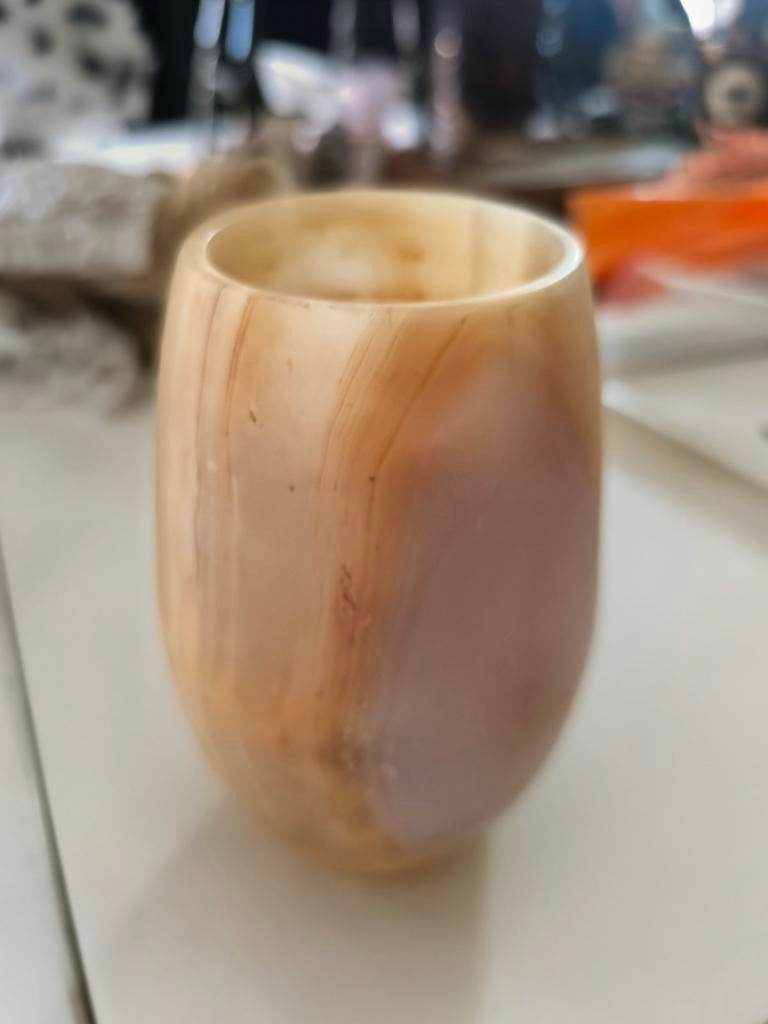 Vintage ronde vaasje van gemarmerd onyx, decoratief, Ophalen of Verzenden