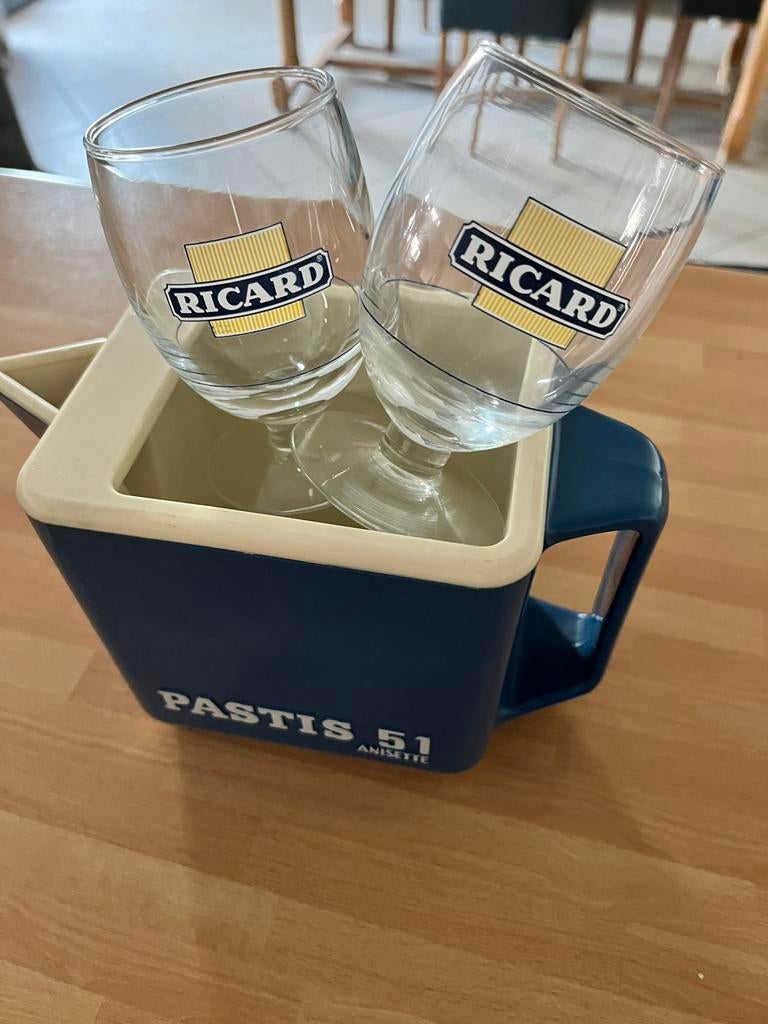 Pastis waterkruik vintage met 2 glazen, Verzamelen, Glas en Drinkglazen, Verzenden, Gebruikt