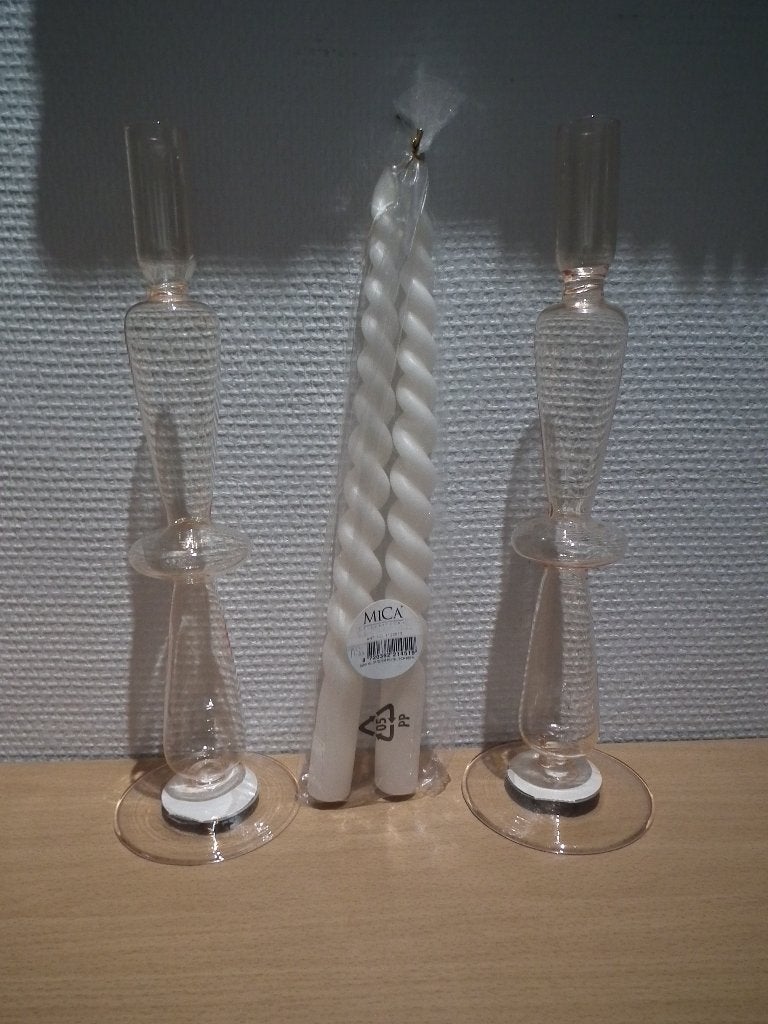 2 bougeoirs en verre Atmosphera & 2 bougies Mica (nouveau), Neuf, Autres marques, Rose, Verre