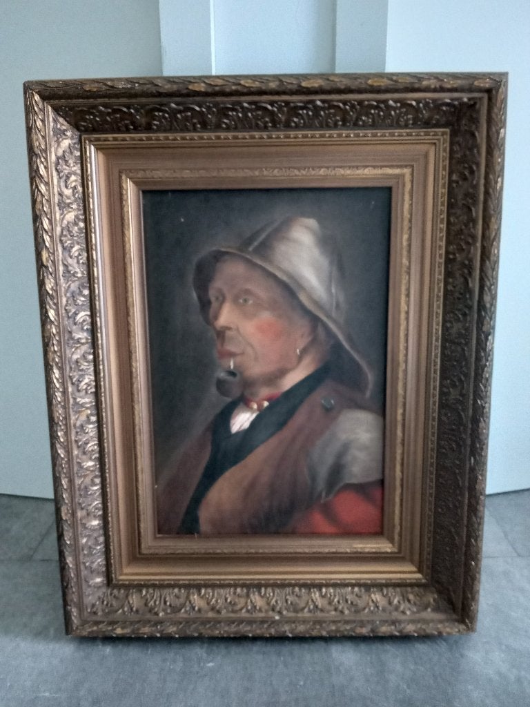 antiek schilderij 1917 Visserman met pijp, Antiek en Kunst, Ophalen, Gesigneerd, Portret of Personen
