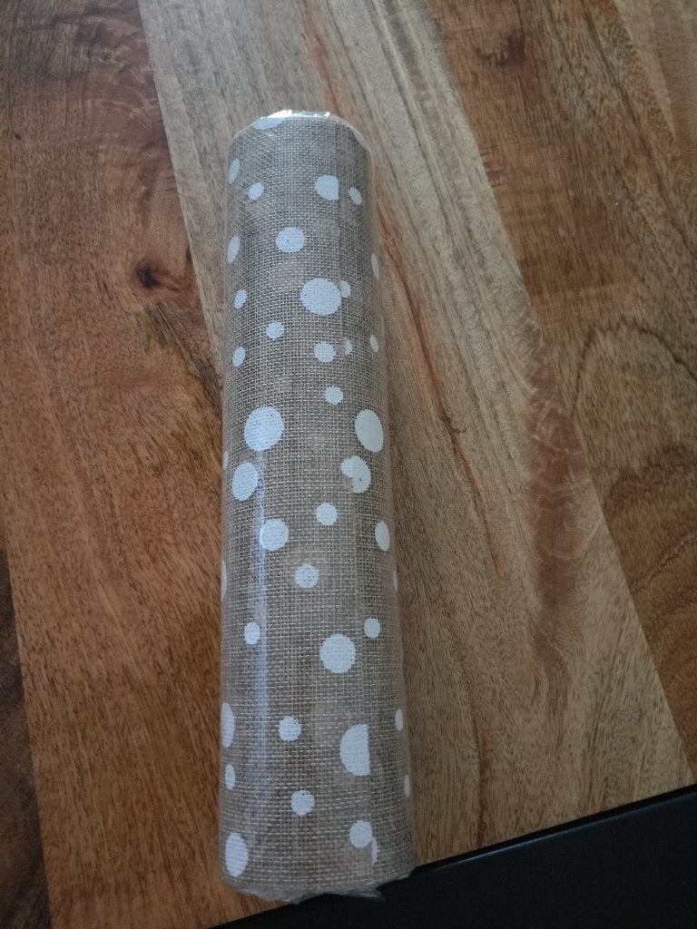 Rouleau de chemin de table en jute à pois blanc 28cmx5m, Neuf, Autres matériaux, Chemin de table, Enlèvement