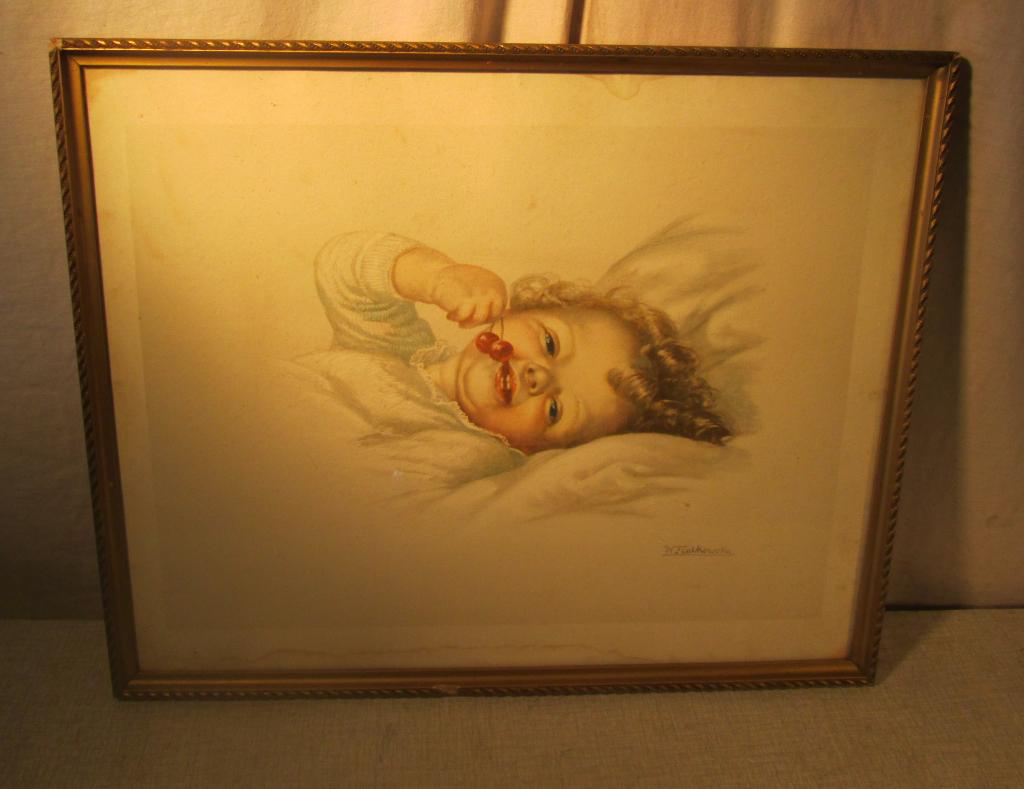 Mooi Geschilderd Aquarel 'Meisje met kersen' - Fialkowska, Ophalen of Verzenden