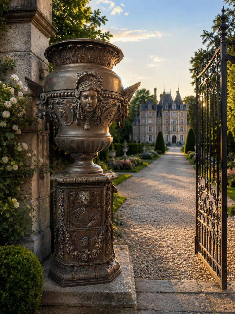 BRONZEN ZEER GROTE ZWARE TUINVAAS OP PRACHTIGE ZUIL TOPSTUK!, Tuin en Terras, Tuinvazen, Ophalen of Verzenden, Zo goed als nieuw