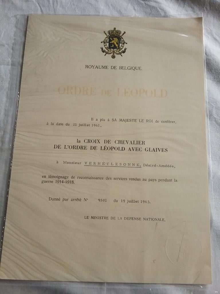 Oorkonde ordre de Léopold 1963, Verzamelen, Ophalen of Verzenden, Landmacht, Lintje, Medaille of Wings