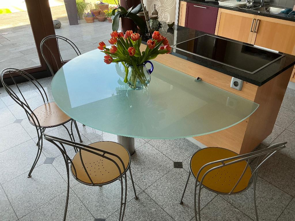 Table Demi-Lune Verre Sablé + 4 Chaises, Quatre personnes, 150 à 200 cm, Comme neuf, Enlèvement