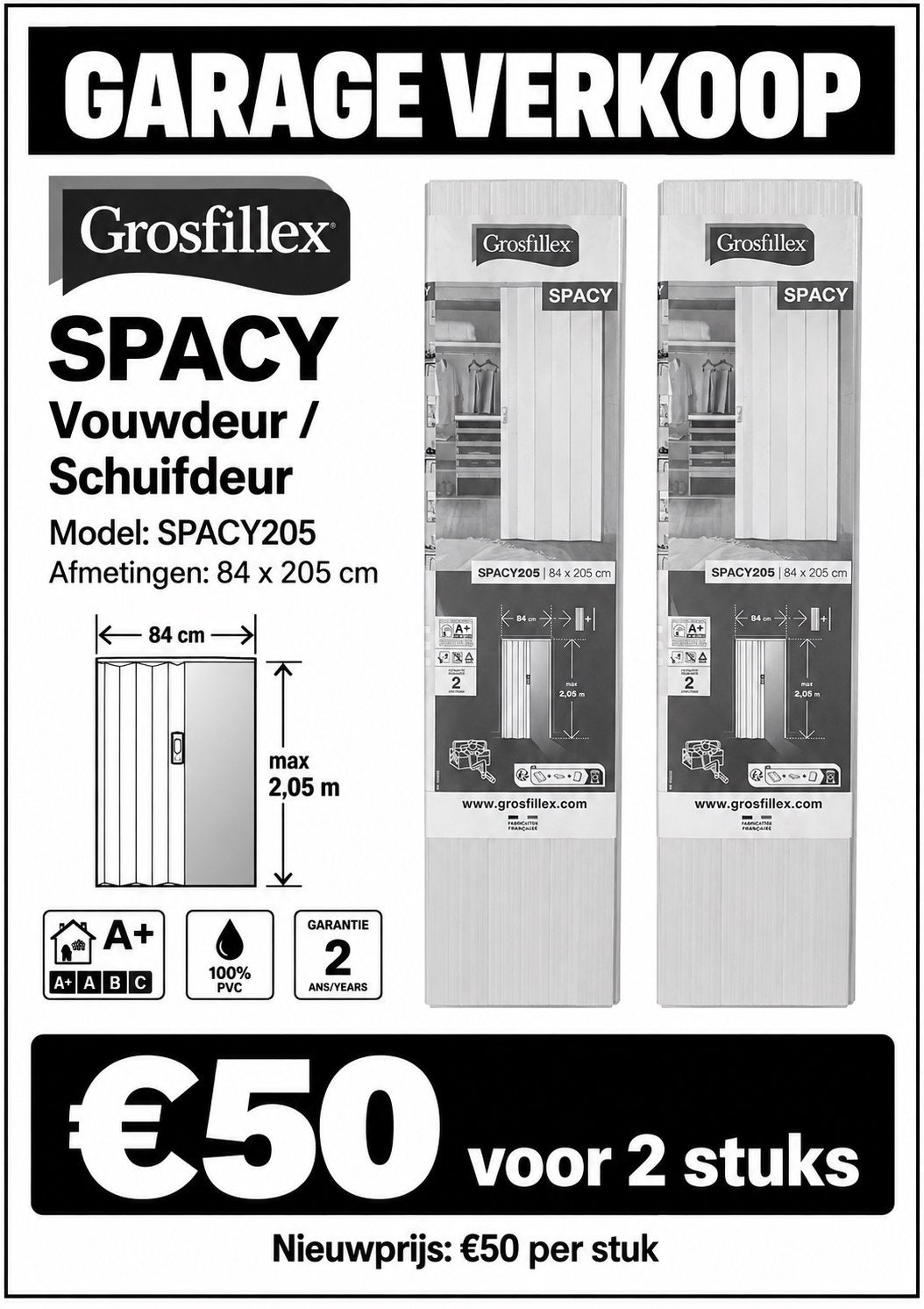 2x Grosfillex SPACY205 vouwdeur 84x205 cm – Nieuw, Doe-het-zelf en Bouw, Deuren en Vliegenramen, Ophalen, Kunststof, 80 tot 100 cm
