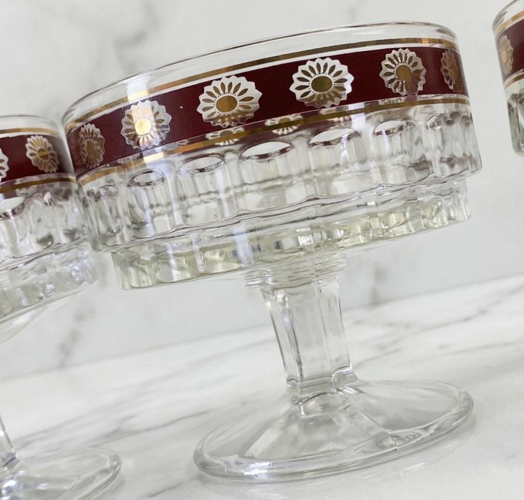 keuken set 4 vintage rood gouden art deco dessertglazen, Ophalen of Verzenden
