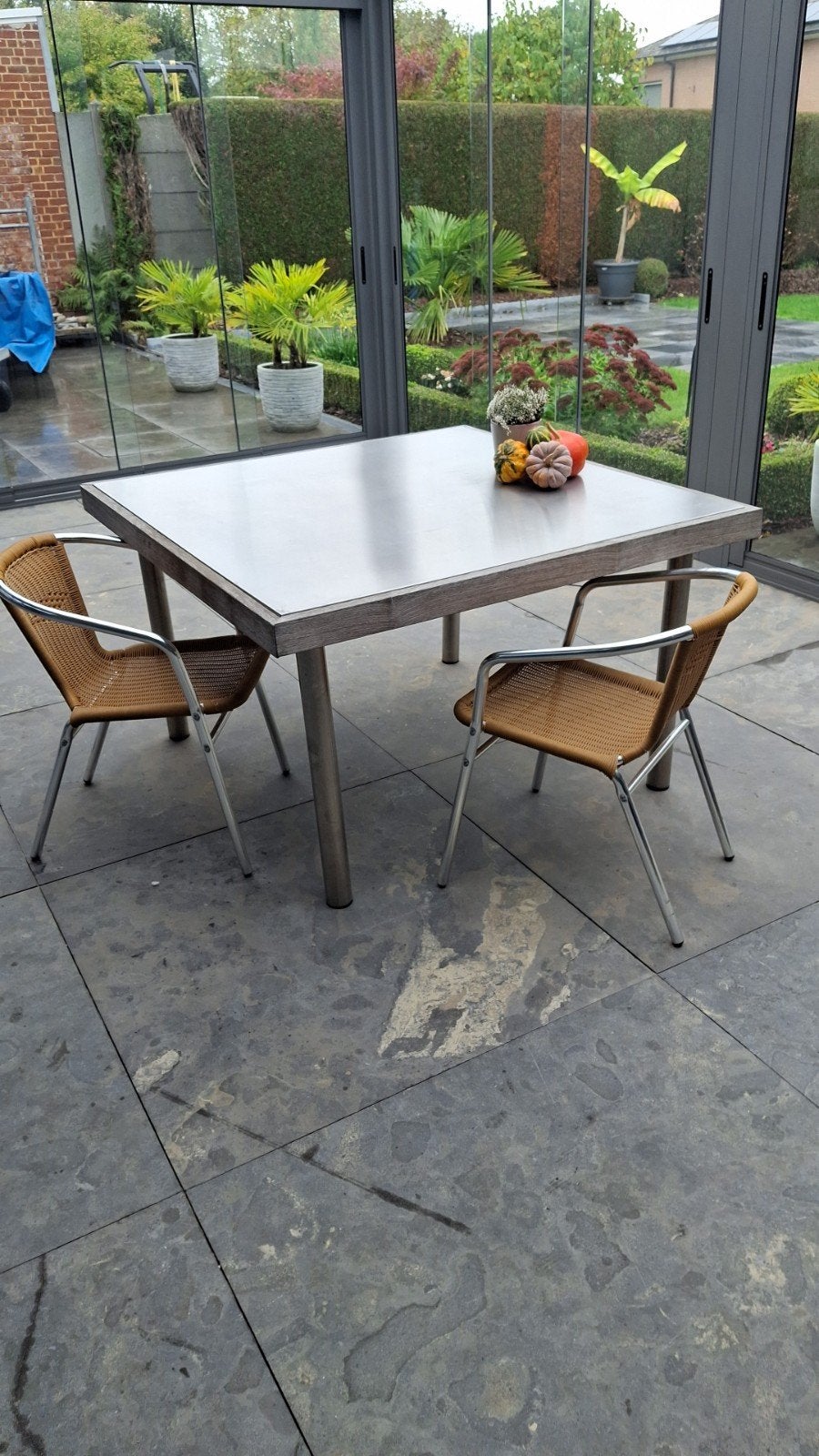 2 x inox tafel en 8 stoelen, Ophalen, Gebruikt, Inox, Eettafel