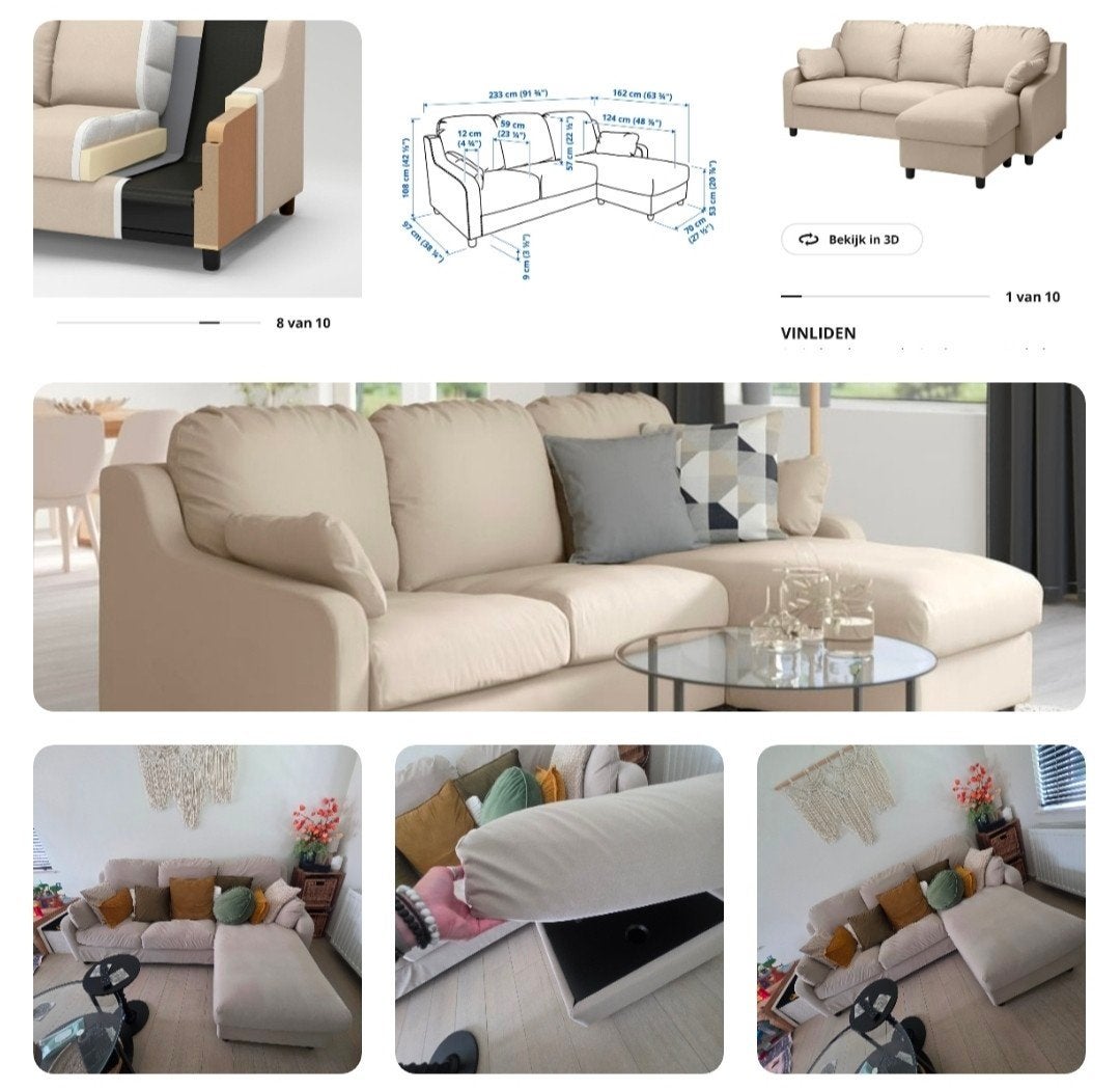 3zit zetel, chaise longue, beige + opbergvak, Ophalen, Beige