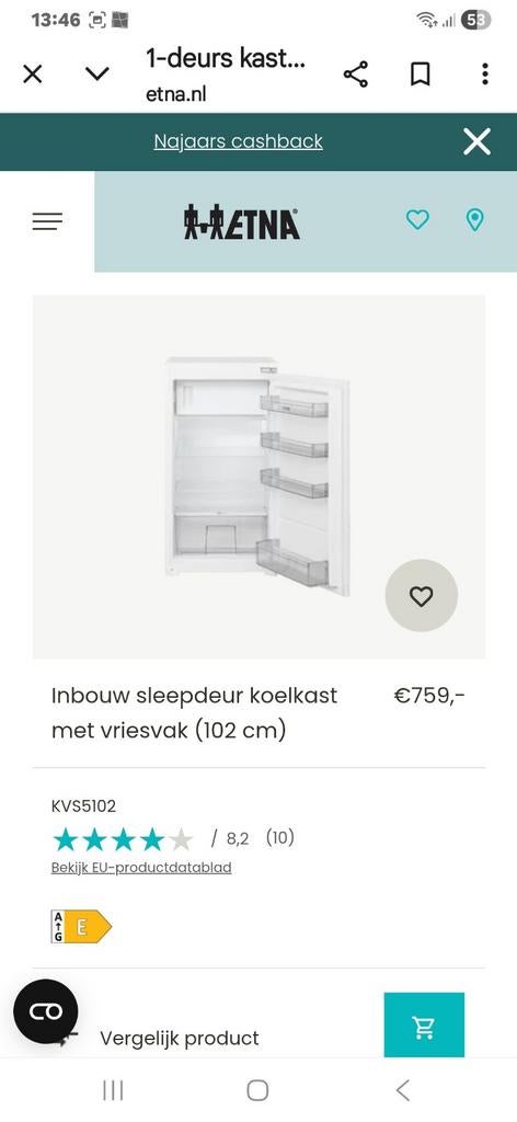 Inbouwfrigo Etna by Atag, Elektronische apparatuur, Koelkasten en IJskasten, Ophalen