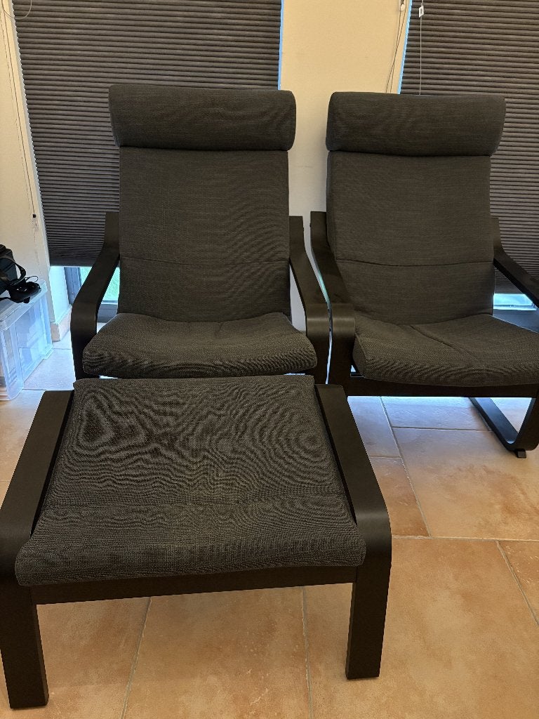 2 relaxstoelen & poef, Huis en Inrichting, Ophalen, Zo goed als nieuw, Hout
