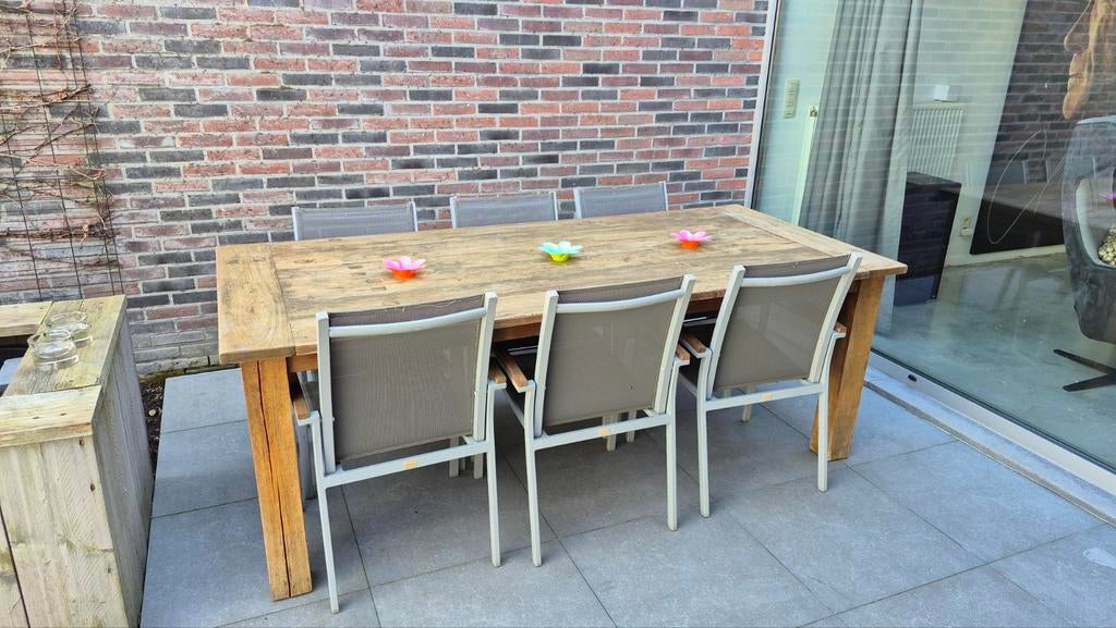 Tafel teak met 6 stoelen 220x100, Tuin en Terras, Ophalen, Aluminium