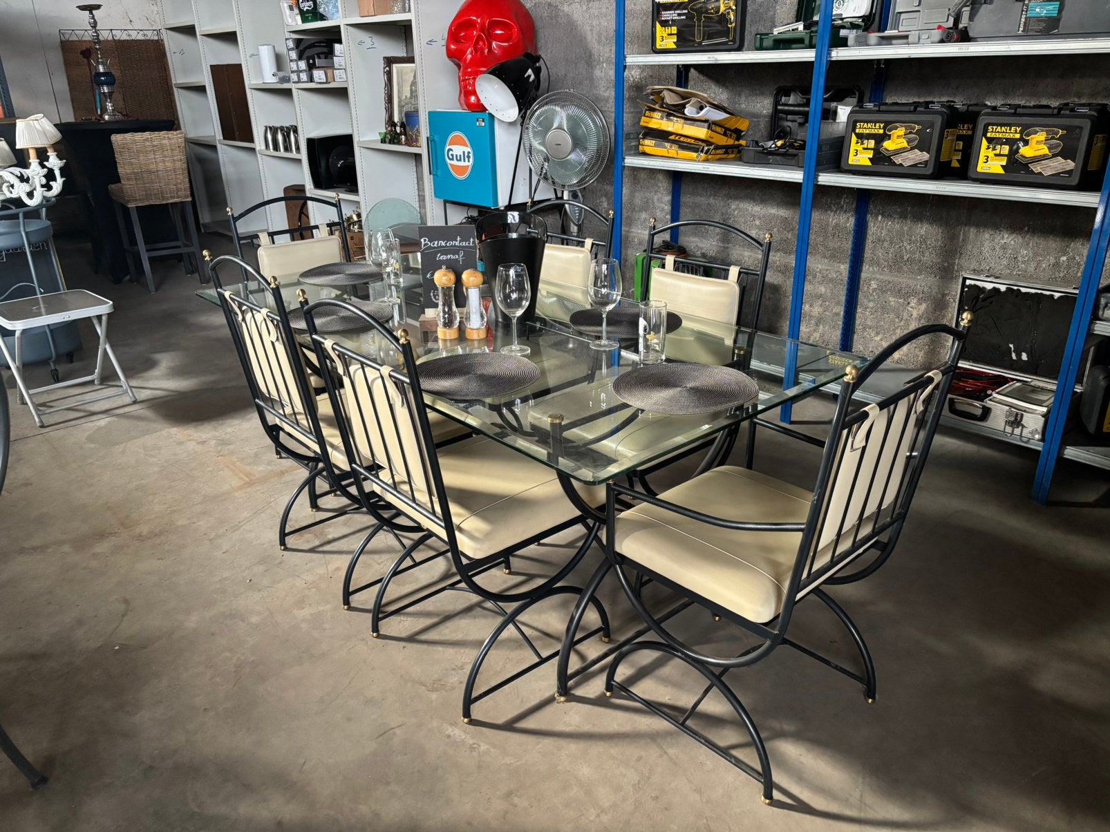 Glazen tafel met 6 stoelen met leder Goede staat., Ophalen