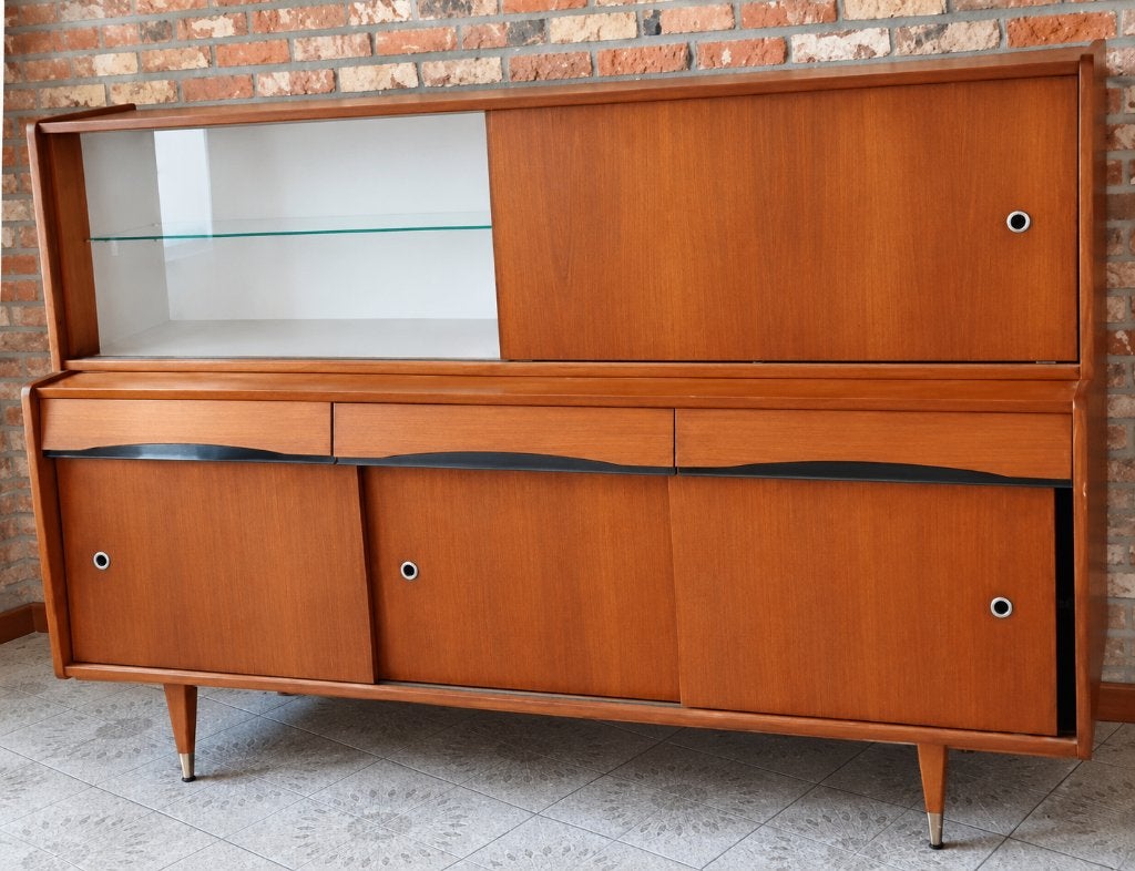 Vintage Mid-Century Modern highboard - ca. 1960, Ophalen, Gebruikt, Glas, Met lade(s)