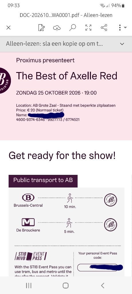 2 Billets Axelle Red - 25 octobre 2026 - AB - Bruxelles, Deux personnes, Octobre