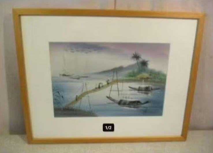 Mooi Geschilderd Aquarel 'Aziatische Bootjes' - gesigneerd, Antiek en Kunst, Kunst | Schilderijen | Klassiek, Maritiem / water