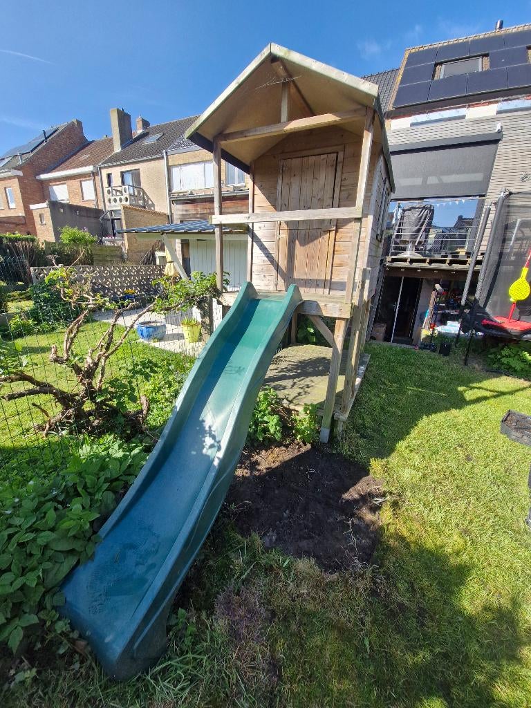 GERESERVEERD! Houten speelhuisje met glijbaan, Kinderen en Baby's, Speelgoed | Buiten | Speelhuisjes, Gebruikt, Hout, Ophalen