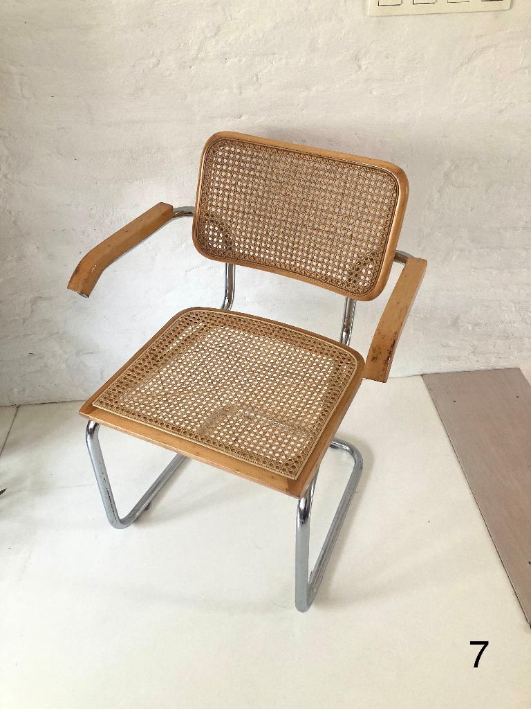 7 stoelen Cesca Marcel Breuer (3xarmleuning) + 1,4m webbing, Huis en Inrichting, Stoelen, Ophalen, Gebruikt, Bruin, Marcel Breuer Cesca