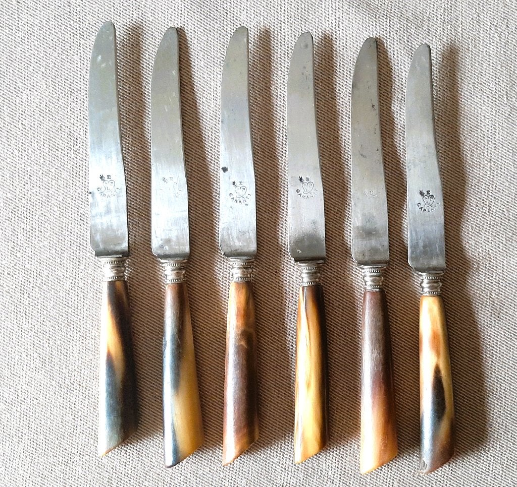 Te koop: 6 Dinermessen met hoorn handvat en zilveren kraag, Ophalen