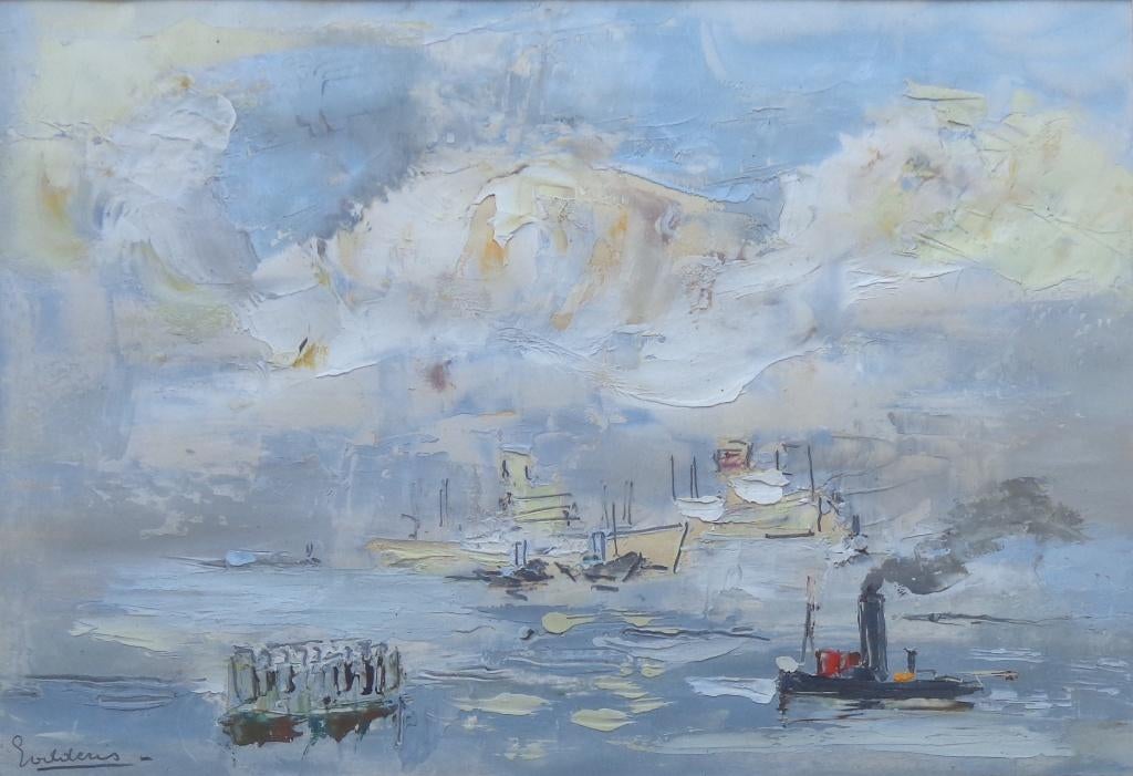 JACK GODDERIS / BOTEN OP RIVIER / OLIEVERF / 48x58cm / KADER, Antiquités & Art, Art | Peinture | Moderne, Enlèvement ou Envoi