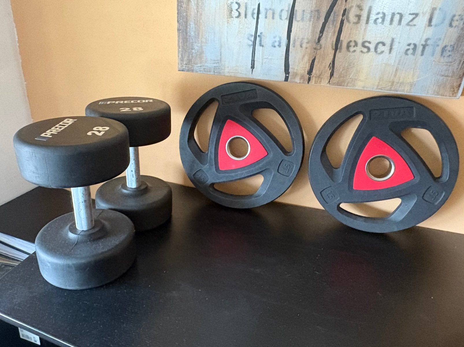 28kg dumbells, 56kg samen + 2 ziva 15kg 50mm halterschijven, Sports & Fitness, Équipement de fitness, Enlèvement, Plaques d'haltères