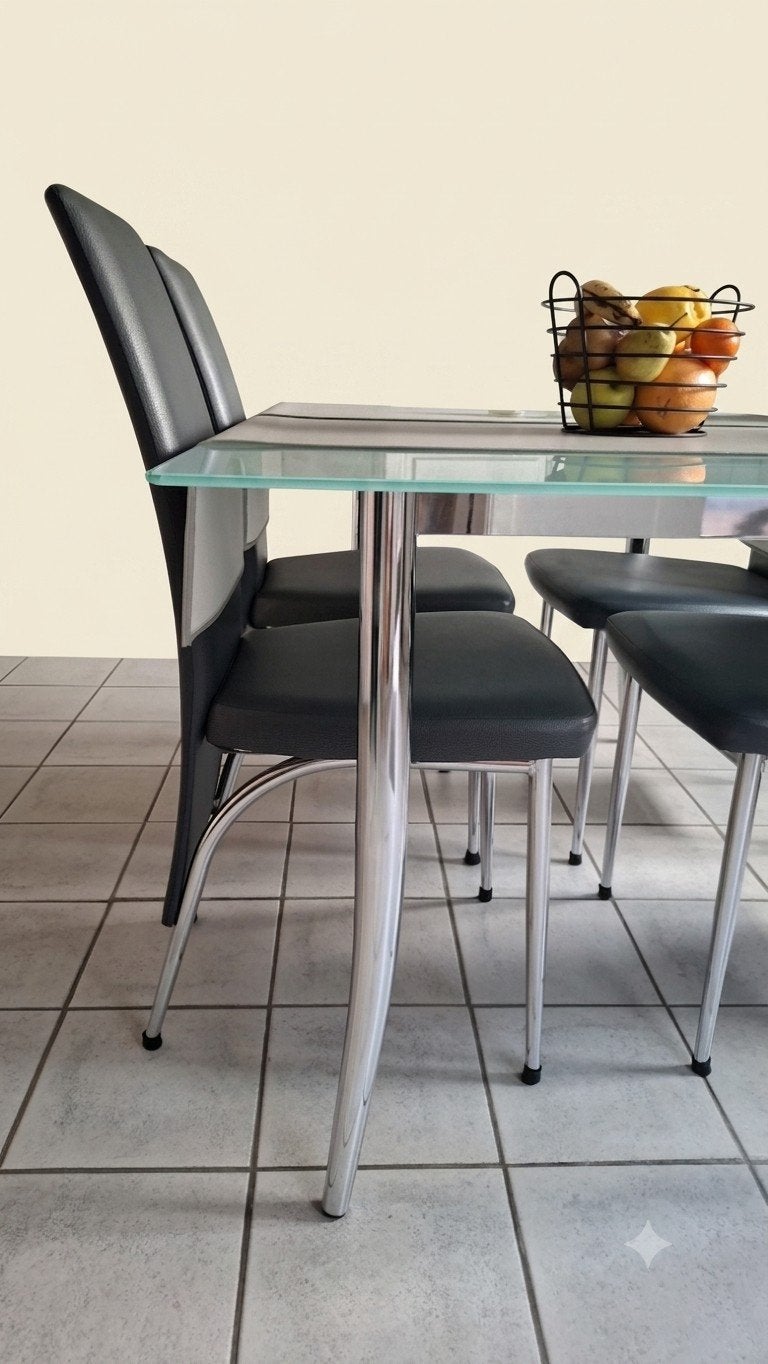 tafel met 4 stoelen,, 100 à 150 cm, Strak, Cinq personnes ou plus, Verre