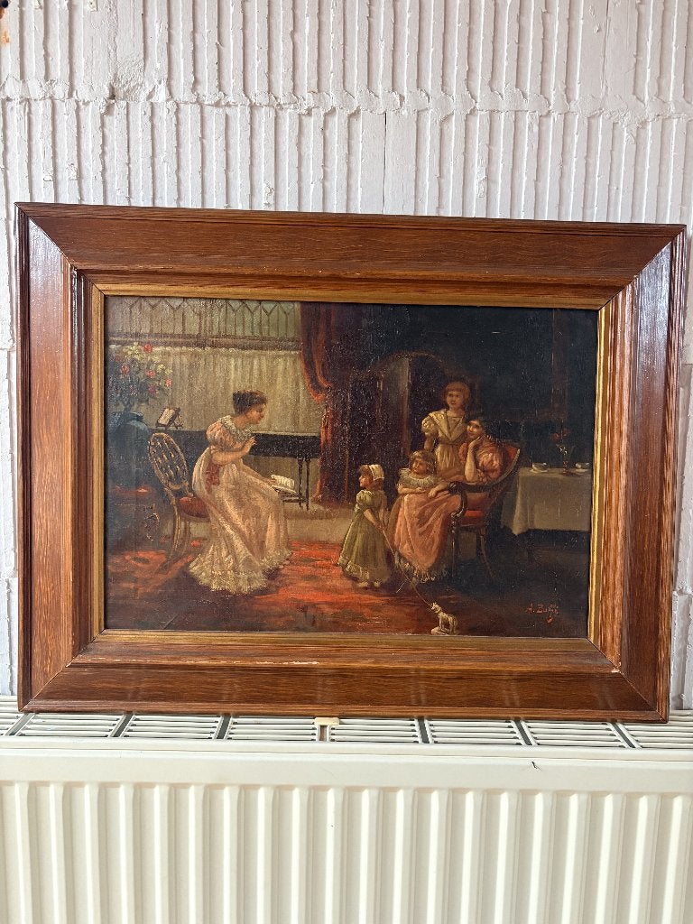 Tableau HST "La Leçon de lecture" signé Albert BUIJS, Envoi, Signé, Peinture à l'huile, Autre sujet