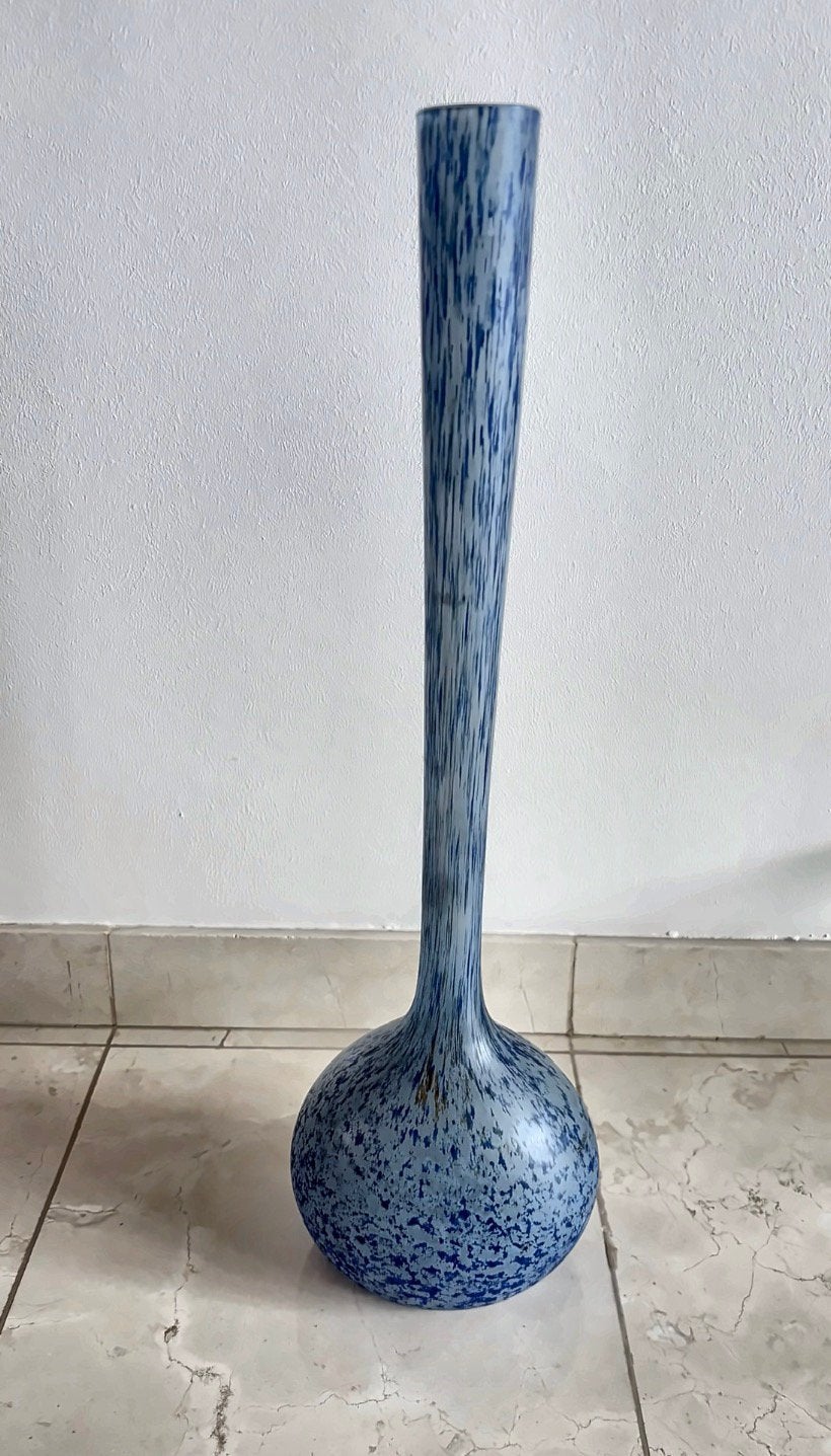 Vade en verre soufflé jaspé bleu, Maison & Meubles, Enlèvement ou Envoi, Comme neuf, Bleu, Verre
