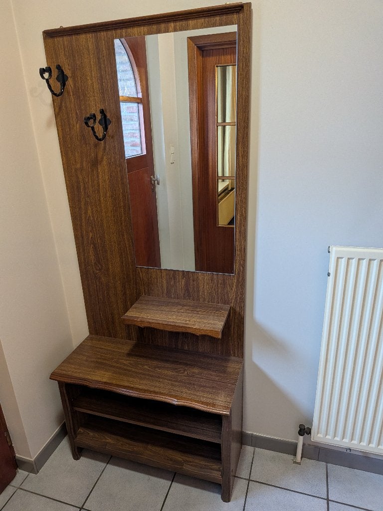Houten halkast met spiegel, kapstok en schoenenrek, Huis en Inrichting, Ophalen, Gebruikt, Staande kapstok, 150 tot 200 cm