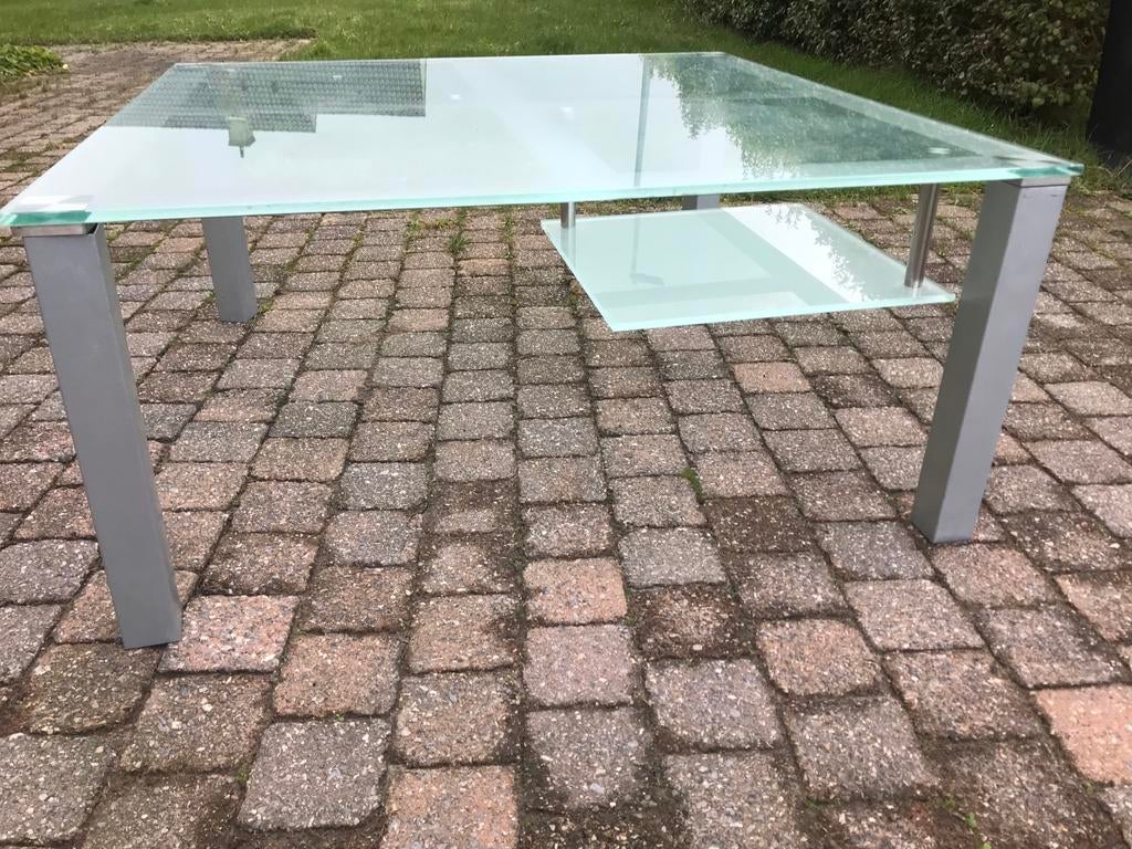 Glazen salontafel 90x90, met 2 glazen onderzetstukken, Huis en Inrichting, Ophalen, Gebruikt