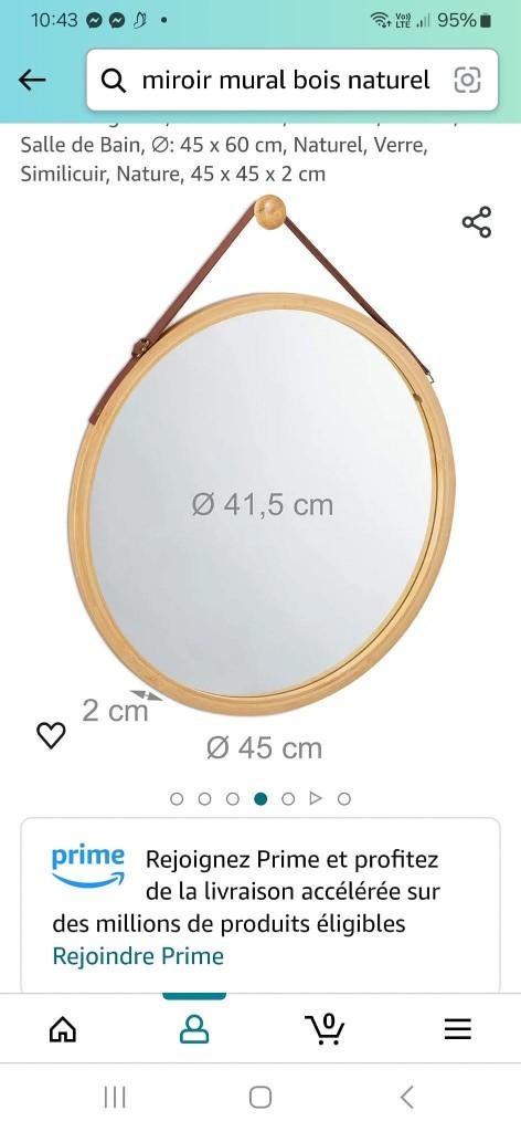 Miroir rond en bois – NEUF dans sa boîte – Ø 45 cm, Ophalen, Minder dan 50 cm, Rond, Nieuw
