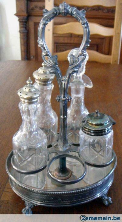 Ancien service à huile en métal argenté EPBM 625 + cristal, Enlèvement