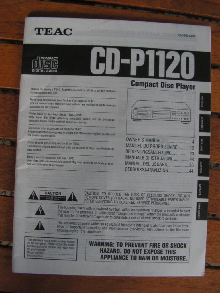 Originele handleiding CD Player TEAC CD-P1120, Ophalen of Verzenden, Gebruikt