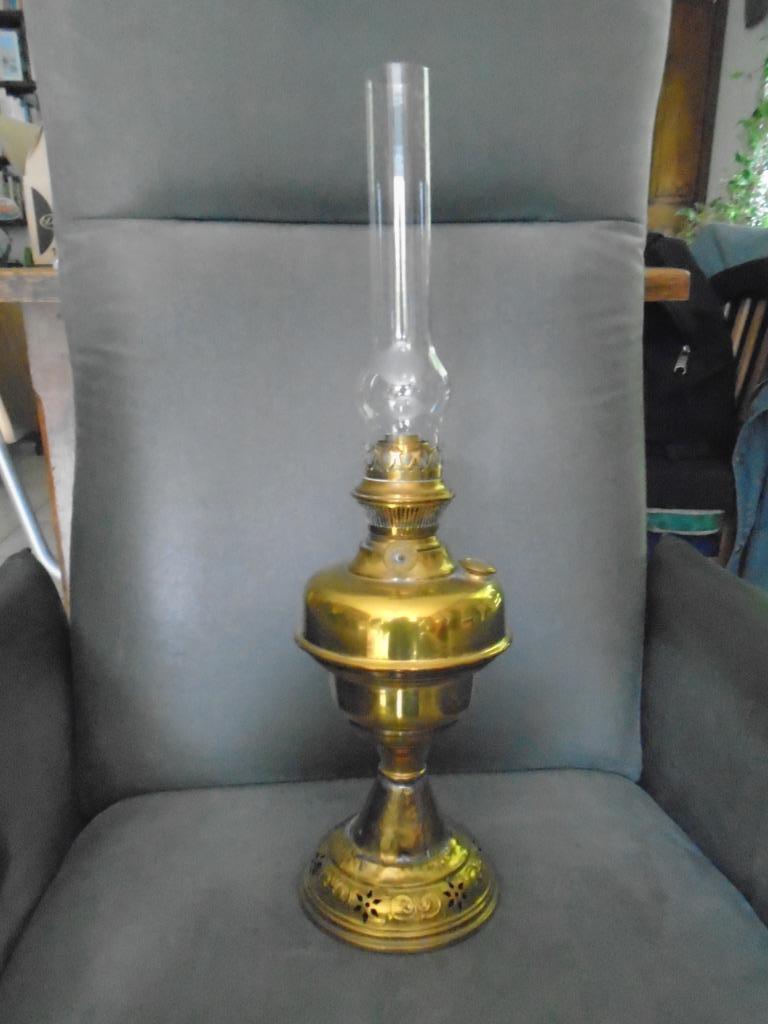 ANTIEKE KOPEREN QUINQUET + GLAS/LONT, Ophalen of Verzenden