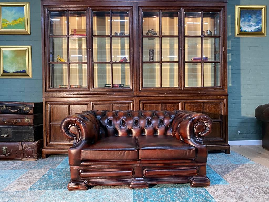 Engelse Chesterfield zetel bruin gevlamd, Maison & Meubles, Canapés | Repose-pieds & Poufs, Cuir, Enlèvement ou Envoi