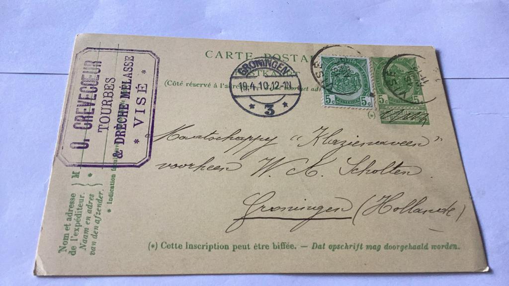 Briefkaart met extra zegel opgeplakt 1910, Postzegels en Munten, Ophalen of Verzenden