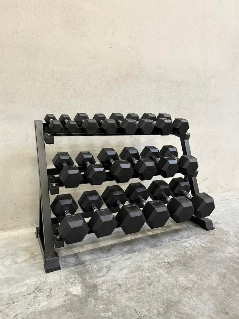 Haltères hexagonaux 2,5—25 kg + support | Pro, Enlèvement ou Envoi, Neuf, Bras, Haltère